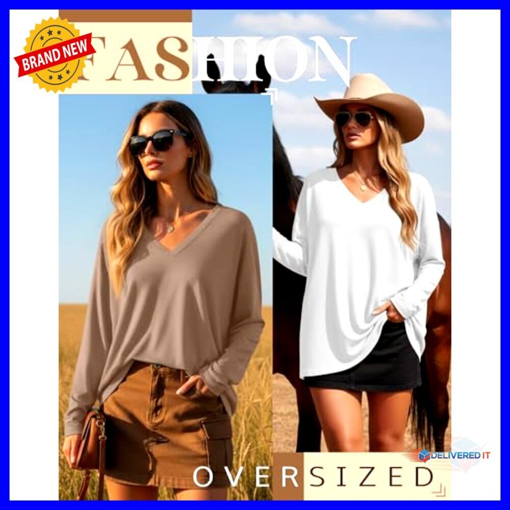 3 Pack Women's Oversized Long Sleeve V-Neck Cotton T-Shirts Loose Fit - Picture 3 of 7